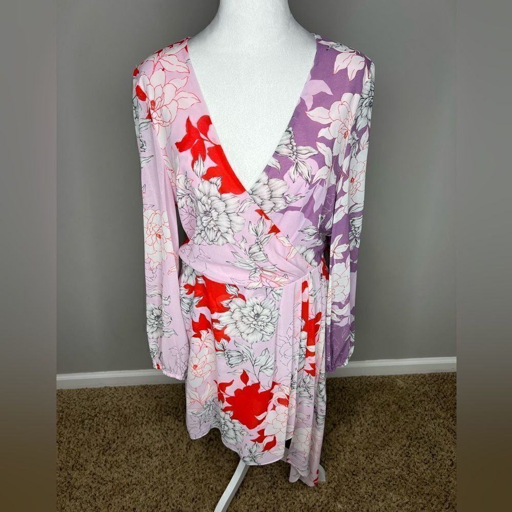 Badgley Mischka Renee Pleat A-line Georgette Wrap Pink Floral Print Dress